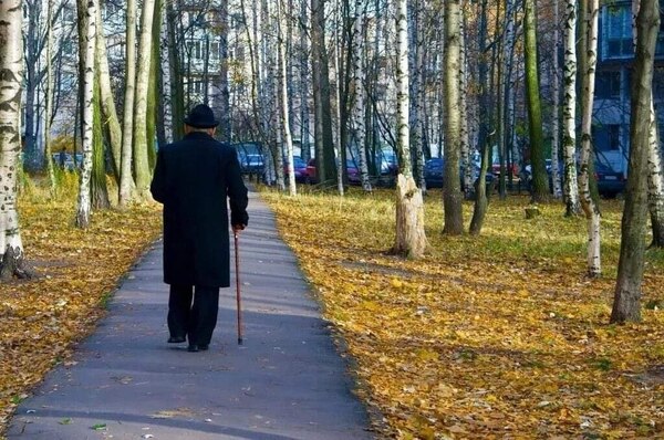 Felnőtt ember sétál egy parkban, fák között, nyugodt, lassú tempóban